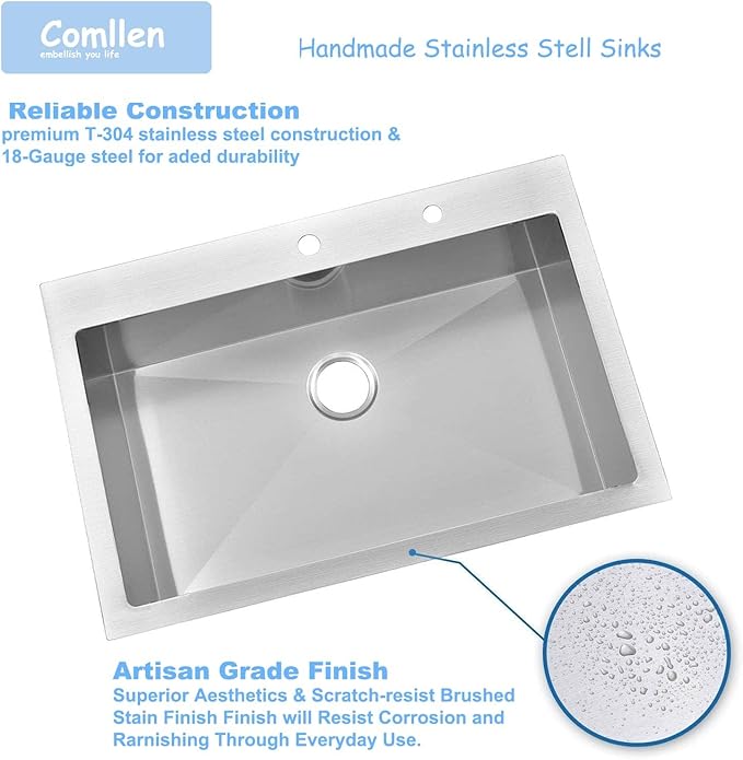 Comllen 28 inch Drop in Kitchen Sink, 28x18 inch Topmount Stainless Steel Sink, 18 Gauge T304 Single Bowl Kitchen With Strainer