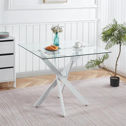 36'' Square Glass Dining Table for 2-4, X-Shape White Metal Legs, Glass Tea Table Square Kitchen Table for Small Space
