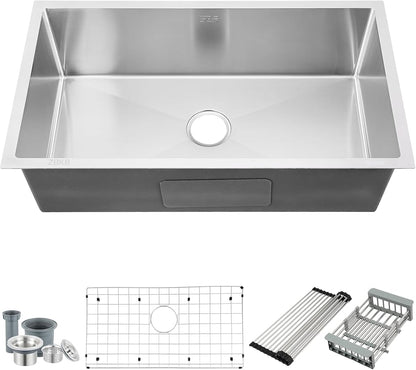 30 Inch Workstation Undermount Kitchen Sink with Overflow, 16 Gauge Stainless Steel Single Bowl Sink, 10 Inch Deep Sink with Dish Grid, Roll Drainer and Basket Strainer