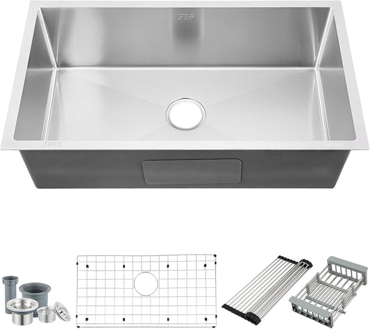 30 Inch Workstation Undermount Kitchen Sink with Overflow, 16 Gauge Stainless Steel Single Bowl Sink, 10 Inch Deep Sink with Dish Grid, Roll Drainer and Basket Strainer