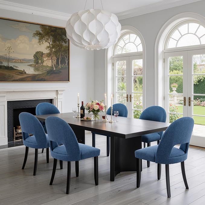 Upholstered Dining Chairs Set of 6, Mid Century Modern Kitchen Chairs with Solid Wood Legs & Linen Fabric Backrest for Dining Room and Farmhouse, Blue
