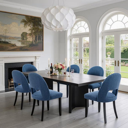 Upholstered Dining Chairs Set of 6, Mid Century Modern Kitchen Chairs with Solid Wood Legs & Linen Fabric Backrest for Dining Room and Farmhouse, Blue
