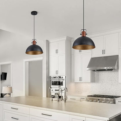 12 Inch Black Pendant Lights Hammered Matte Pendant Lights for Kitchen Island Industrial Farmhouse Adjustable Height Dome Hanging Light Fixtures for Barn, Dining Room 2 Packs