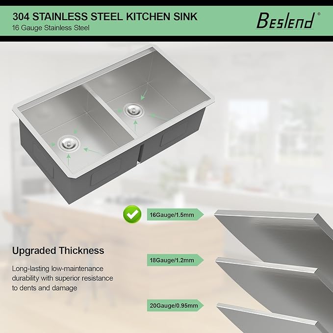 33 Undermount Kitchen Sink - 33x19 Double Bowl Kitchen Sinks Workstation 16 Gauge Stainless Steel Sink Low Divide Double Basin 50/50