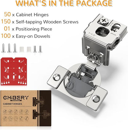 Chibery 50 Pack 1-1/2” Overlay 4D Soft Close Cabinet Hinges, Concealed Face Frame, Adjustable Closing Speed, 105° Opening Smooth Slow, Hidden Self Closing for Kitchen Corner, Cupboard (with Template)