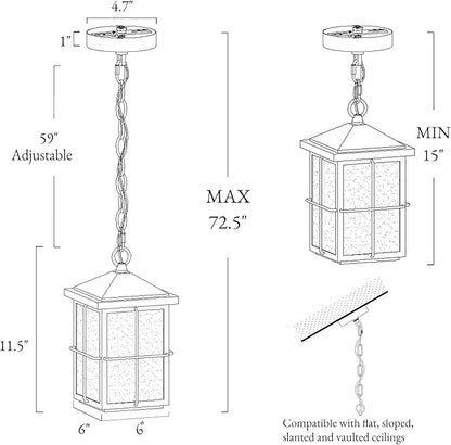classy leaves Outdoor Pendant Light Fixture, Farmhouse Black Anti-Rust Ceiling Outdoor Light with Seeded Glass, Exterior Square Hanging Lantern for Front Door, Entry, Porch, and Gazebo