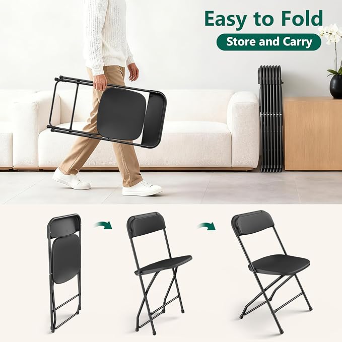 2 Pack Black Plastic Folding Chairs, Outdoor Portable Folding Chair with Steel Frame, 350lbs Capacity Stackable Foldable Chairs for Patio, Garden, Picnic, Kitchen, Events