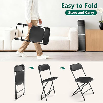 2 Pack Black Plastic Folding Chairs, Outdoor Portable Folding Chair with Steel Frame, 350lbs Capacity Stackable Foldable Chairs for Patio, Garden, Picnic, Kitchen, Events