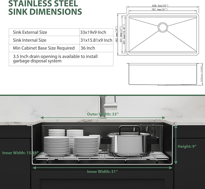 33 Inch Black Undermount Kitchen Sink Workstation- Couoko Matte Black 16 Gauge T304 Stainless Steel Single Bowl Undermount Sinks NANO PVD Large Deep Handmade Round Corner Sinks Basin, 33"x19"x9"