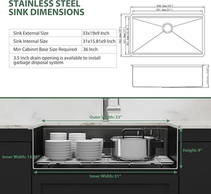 33 Inch Black Undermount Kitchen Sink Workstation- Couoko Matte Black 16 Gauge T304 Stainless Steel Single Bowl Undermount Sinks NANO PVD Large Deep Handmade Round Corner Sinks Basin, 33"x19"x9"