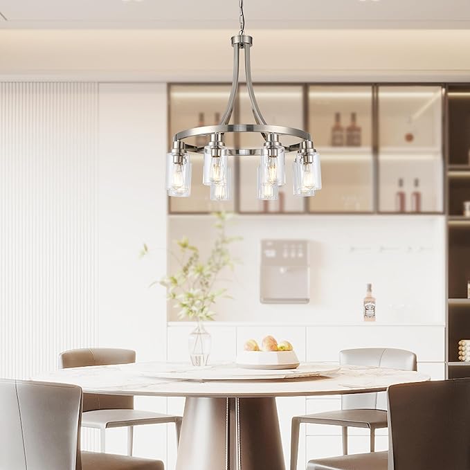 Dining Room Lighting Fixtures Hanging, Brushed Nickel for Kitchen Dining Room Living Room Kitchen Island Linear Pendant 8 Light Chandeliers with Clear Glass Shades