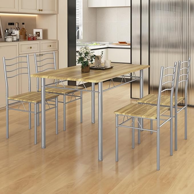 Giantex Modern 5 Piece Dining Table Set for 4 Chairs Wood Metal Kitchen Breakfast Furniture (Natural)