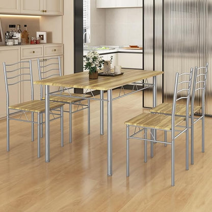 Giantex Modern 5 Piece Dining Table Set for 4 Chairs Wood Metal Kitchen Breakfast Furniture (Natural)
