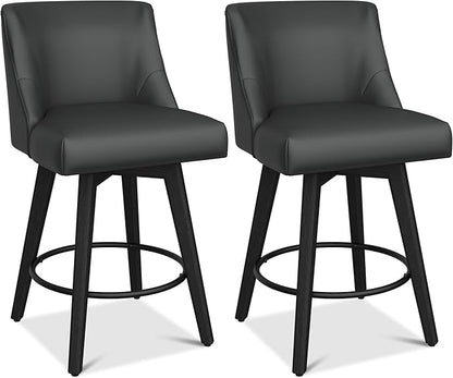 Counter Height Bar Stools Set of 2, Modern Swivel Barstools with Back and Wood Legs, Faux Leather Upholstered Counter Height Stools, 26" H Kitchen Island Stools,Home Bar, Black Grey