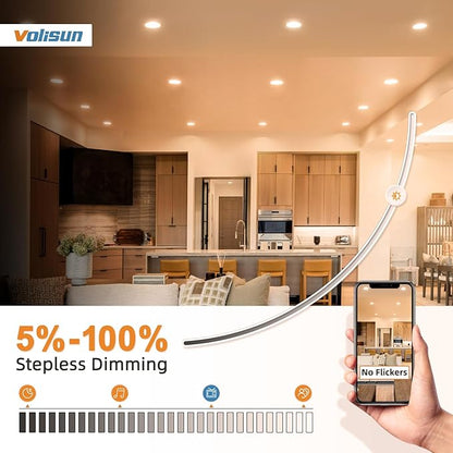 VOLISUN 12 Pack 4 inch Recessed Lighting, 5CCT LED Recessed Light with Junction Box, 2700K-5000K Selectable, 9.5W Eqv 80W, 810LM Dimmable Canless Wafer Downlight, LED Ceiling Light ETL Certificated