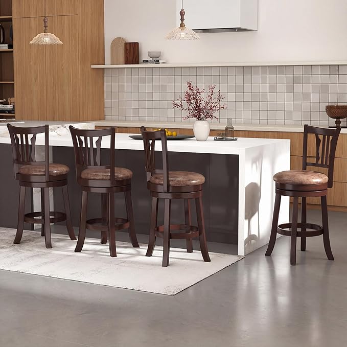 Giantex Swivel Bar Stools Set of 2, 26" Upholstered Counter Height Bar Chairs with Back, Faux Leather Seat, Solid Rubber Frame & Wrap-Around Footrest, Wooden Barstools for Kitchen Island, Pub