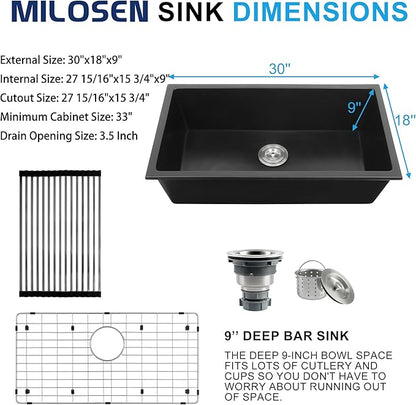 MILOSEN Black Undermount Kitchen Sink, 30''x18'' Single Bowl Granite Comoposite Kitchen Sinks, Large and Deep Sinks with Custom Accessories, Drop in Quartz Sink