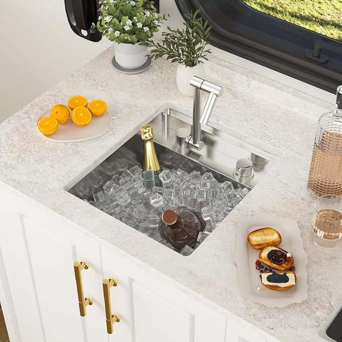 16x17 Inch Outdoor Sink Undermount RV Sink Workstation 16 Gauge Stainless Steel Single Bowl Handmade Concealed Outdoor Kitchen Sinks With Folding Faucet 16"x17"x9"