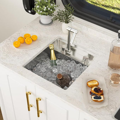 16x17 Inch Outdoor Sink Undermount RV Sink Workstation 16 Gauge Stainless Steel Single Bowl Handmade Concealed Outdoor Kitchen Sinks With Folding Faucet 16"x17"x9"