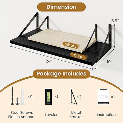 Acovy Deep Floating Shelves,24" Wx10 D Floating Shelf for Wall Set of 2,Hanging Storage Shelf with Metal Brackets,Wide Display Wall Shelves for Living Room,Bedroom,Bathroom,Kitchen,Black