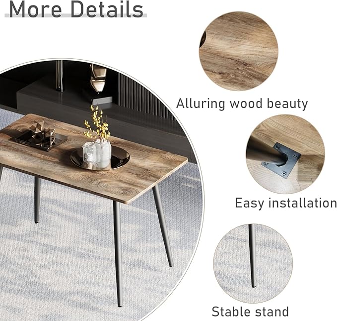 47" Sturdy MDF Dining Table, Island Table with Metal Legs, Rustic Dining Tables with Anti-Slip Pads for Kitchen Use, Wood