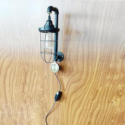 Steampunk Retro Industrial Wall Sconce, Dimmable Wall Mounted Plug in Light, Black Metal Cage Light Fixture with Clock, Vintage Style Sconce for Home, Office, Bedroom Bedside Lighting