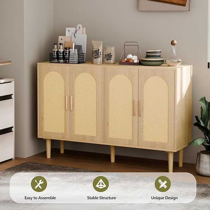 Large Sideboard Buffet Cabinet with Storage, Modern Credenza Buffet Table Coffee Bar Wine Bar Storage Cabinet with Artistic Carved Handle for Dining Room Living Room, (Oak)