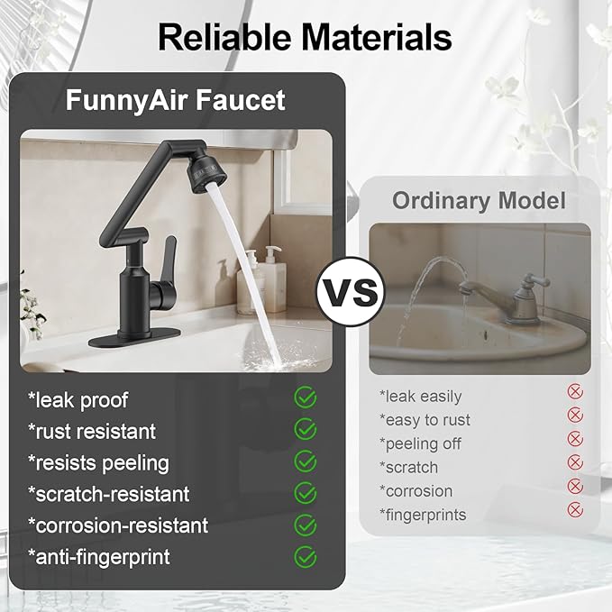 Bathroom Sink Faucet, FunnyAir Stainless Steel 1080° Rotatable Faucet for Sink 1 Hole or 3 Holes, Modern Style Single Handle Bathroom Faucets with Hot and Cold Hoses, Matte Black