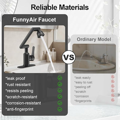 Bathroom Sink Faucet, FunnyAir Stainless Steel 1080° Rotatable Faucet for Sink 1 Hole or 3 Holes, Modern Style Single Handle Bathroom Faucets with Hot and Cold Hoses, Matte Black