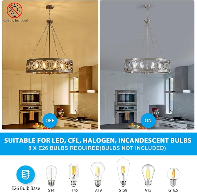 XINGQI Large Drum Chandelier 32.3" Brushed Nickel Chandeliers for Dining Room, Modern 8-Light Round Pendant Lighting Fixture for Living Room Office Kitchen Island