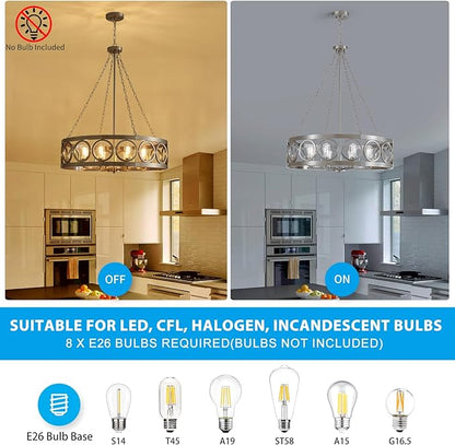 XINGQI Large Drum Chandelier 32.3" Brushed Nickel Chandeliers for Dining Room, Modern 8-Light Round Pendant Lighting Fixture for Living Room Office Kitchen Island
