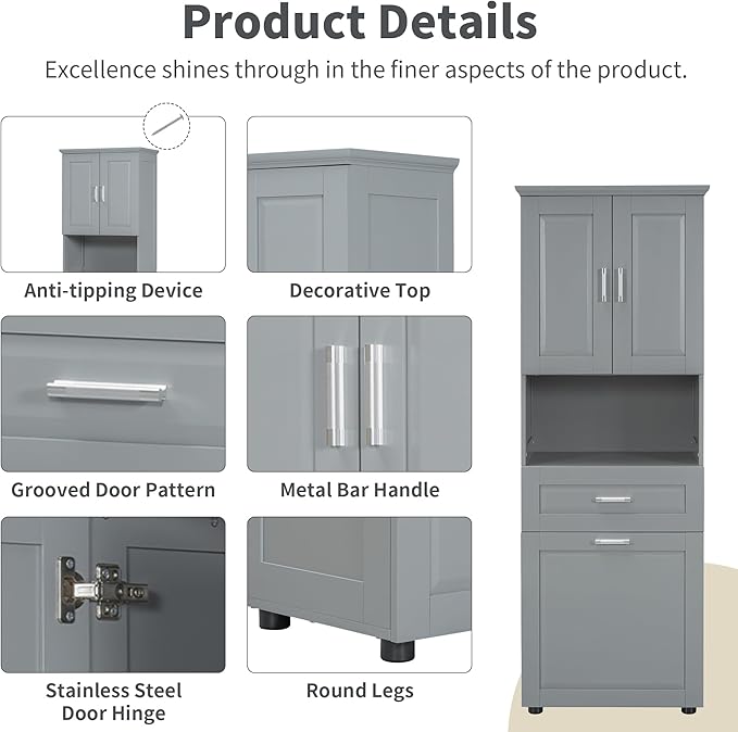 Merax 70" Tall Storage Cabinet with Laundry Hamper, 1 Drawer and Adjustable Shelf, Freestanding for Bathroom, Grey