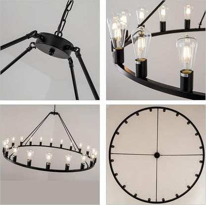 Lanhall 48” 20-Light Extra Large Wagon Wheel Chandelier, Round Black Rustic Farmhouse Chandelier Light Fixture for High Ceiling Living Room Dining Room Stairs Foyer- Adjustable Height Metal E26