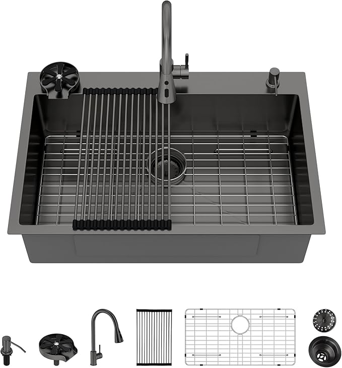 Logmey 33x22 Gun Black Drop in Kitchen Sink with Pull-out Faucet Soap Dispenser 33 Inch 16 Guage Stainless Steel Sinks Single Bowl 9'' Deep Sinks with Cup Washer 33x22x9 LMTB33229-F