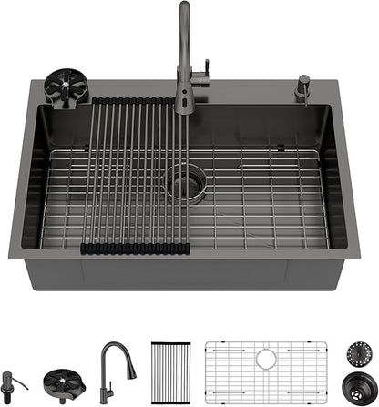 Logmey 33x22 Gun Black Drop in Kitchen Sink with Pull-out Faucet Soap Dispenser 33 Inch 16 Guage Stainless Steel Sinks Single Bowl 9'' Deep Sinks with Cup Washer 33x22x9 LMTB33229-F