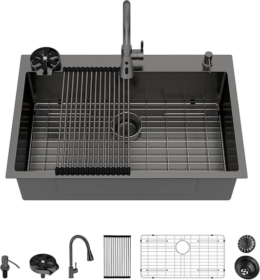 Logmey 33x22 Gun Black Drop in Kitchen Sink with Pull-out Faucet Soap Dispenser 33 Inch 16 Guage Stainless Steel Sinks Single Bowl 9'' Deep Sinks with Cup Washer 33x22x9 LMTB33229-F