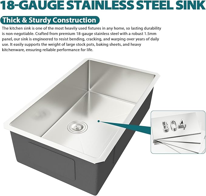 Undermount Kitchen Sink 30x18x9 Inch Deep Single Bowl 18 Gauge Stainless Steel Under Counter Sinks Basin With Drain Strainer