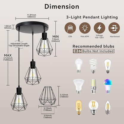 LTBLIGHT 3-Light Pendant Light Fixture, Farmhouse Hanging Lights with 1.2m Adjustable Cord, Ceiling Lighting for Kitchen Island Dining Room Hallway, E26 Base (Bulbs Not Included)