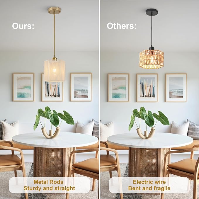 3-Pack Boho Rattan Pendant Light Fixtures, 7.67" Hand-Woven Hexagonal Hanging Pendant Lights, Coastal Farmhouse Mini Island Lighting for Kitchen Island, Dining Room, E26 Base