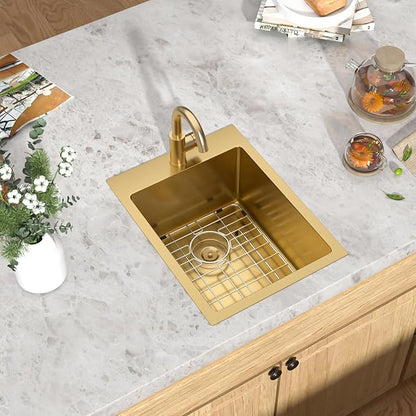 15 x 20 Inch Gold Drop In Bar Sink with Faucet, 16 Gauge 304 Stainless Steel Single Bowl Sink with Gold Finish for Kitchen Bars, RV, and Boat #TLT-0031