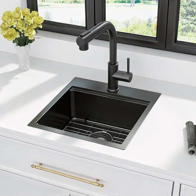 Kichae Black Drop In Bar Sink- 18x18 Small Overmount Topmount Stainless Steel RV Sink Single Bowl Ledge Workstation Bar Prep Handmade Basin