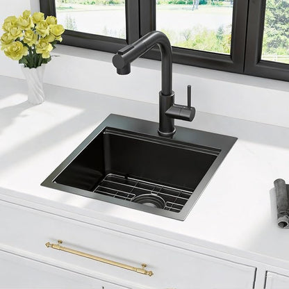 Kichae Black Drop In Bar Sink- 18x18 Small Overmount Topmount Stainless Steel RV Sink Single Bowl Ledge Workstation Bar Prep Handmade Basin