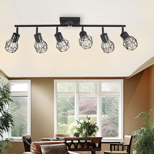 Black Track Lighting Fixtures Ceiling,6-Light Farmhouse Track Lighting with Metal Cage Design – Kitchen Lights Ceiling Mount for Kitchen, Living Room, Dining Room (E26 Base)