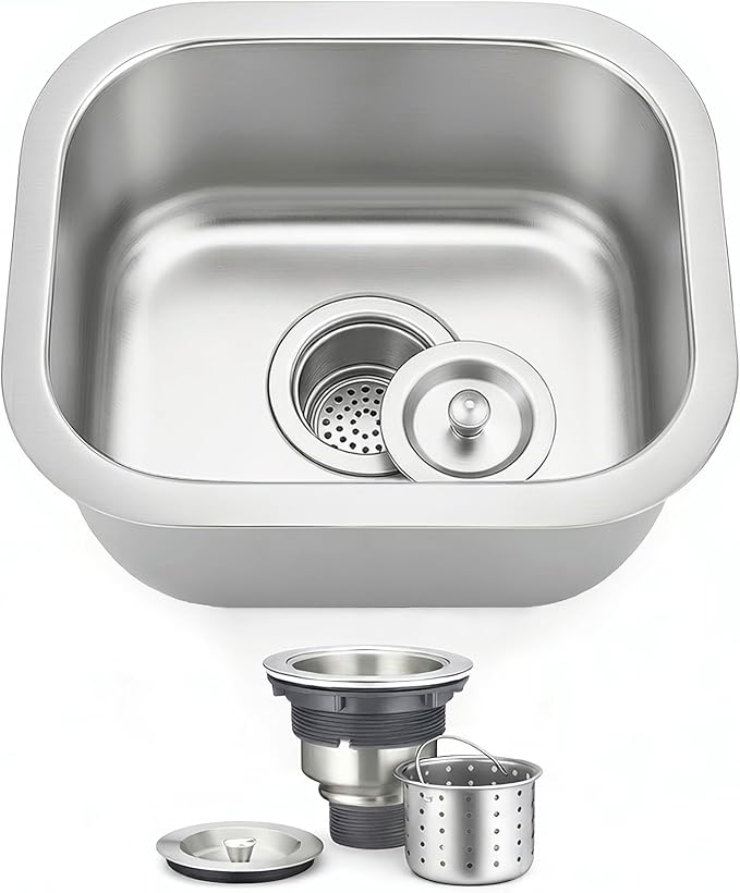 ORLANDO 15x13 inch Undermount bar Sink – 18 Gauge 304 Stainless Steel Single Bowl Kitchen Sink with Basket Strainer for Kitchen Island, Wet Bar & Prep Station