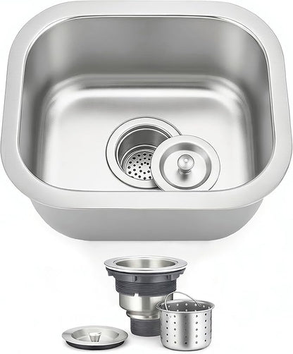 ORLANDO 15x13 inch Undermount bar Sink – 18 Gauge 304 Stainless Steel Single Bowl Kitchen Sink with Basket Strainer for Kitchen Island, Wet Bar & Prep Station