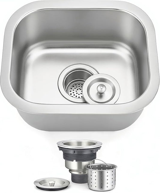 ORLANDO 15x13 inch Undermount bar Sink – 18 Gauge 304 Stainless Steel Single Bowl Kitchen Sink with Basket Strainer for Kitchen Island, Wet Bar & Prep Station
