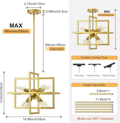 8 Lights Gold Chandelier, Farmhouse Dining Room Light Fixture, Small Modern Chandeliers, Industrial Geometric Hanging Pendant Light for Kitchen Island, Bedroom, Living Room, Foyer, Hallway