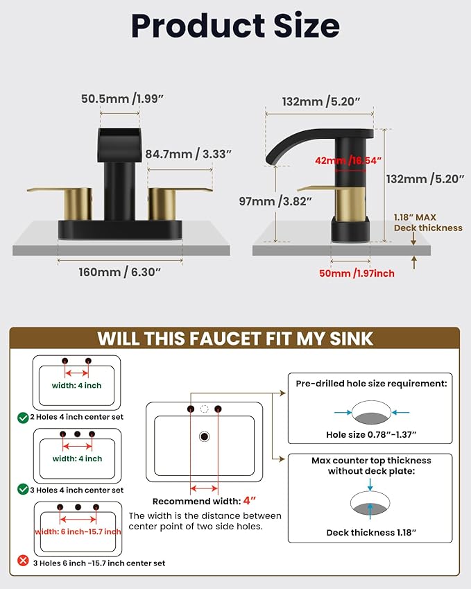 gotonovo 4 Inch Centerset Waterfall Bathroom Sink Faucet Deck Mount 2 Handle Basin Faucets 2 or 3 Hole with Pop Up Drain Included Lavatory Modern Mixer Tap Vanity Faucet Matte Black and Brushed Gold