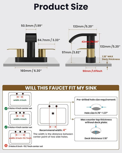 gotonovo 4 Inch Centerset Waterfall Bathroom Sink Faucet Deck Mount 2 Handle Basin Faucets 2 or 3 Hole with Pop Up Drain Included Lavatory Modern Mixer Tap Vanity Faucet Matte Black and Brushed Gold