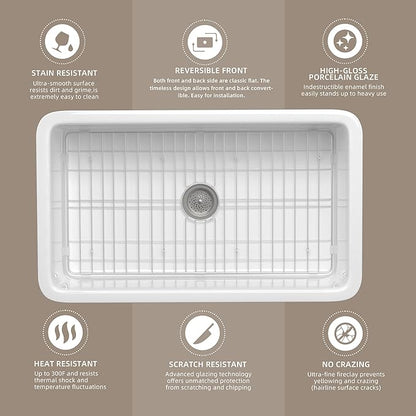 TUKTUK Undermount Kitchen Sink 32 x19 Fireclay Drop-in Farm Sink Porcelain Single Bowl Topmount Large & Deep Basin Luxury Accessory Kit Included